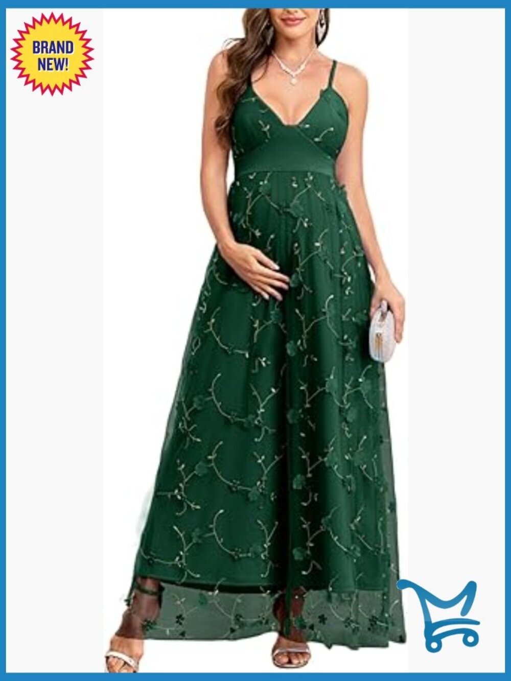 3D Floral Maternity Maxi Dress V-Neck Tulle Spaghetti Strap A-Line Pregnancy